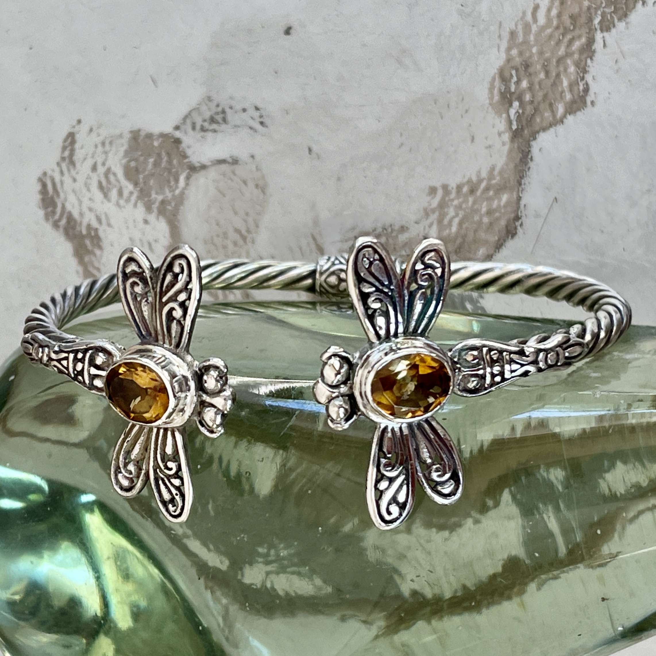 (HANDMADE 925 BALI STERLING SILVER HINGE BRACELETS WITH CITRINE)